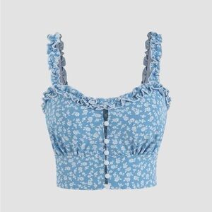 CIDER Floral Blue Ruffle Crop Tops
